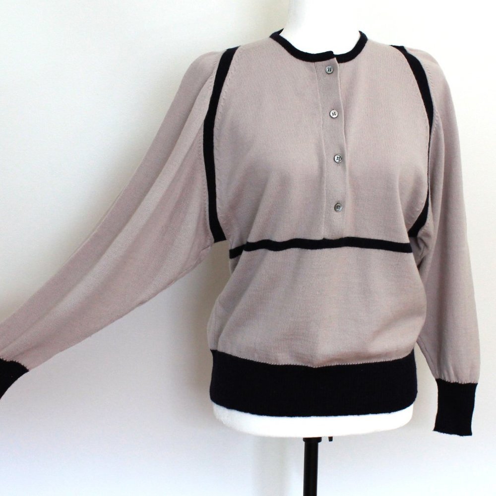 70s Wool Tan Sweater Navy Trim Dolman Sleeves Sportscraft Knit Top